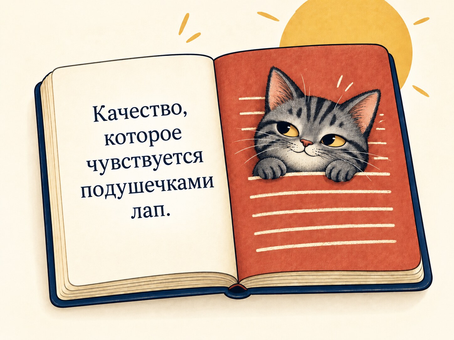 Открытая книга с серым полосатым котом и текстом о качестве